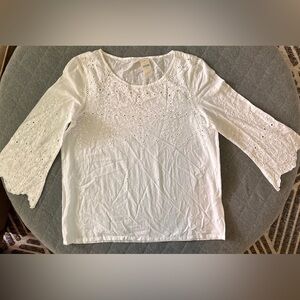 NWT GAP Medium White Lace Cotton Blouse 3/4 Slight Bell Sleeves Orig$70